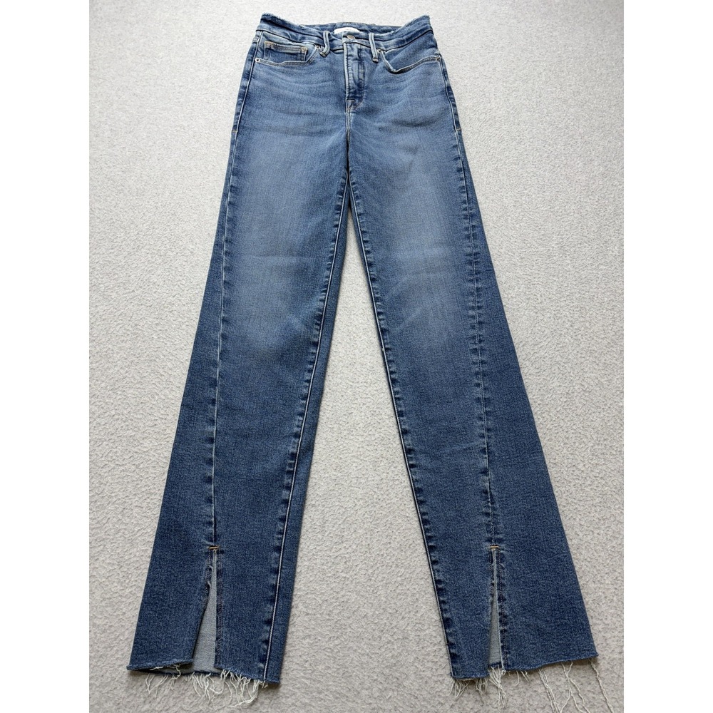 Good American Good Boy Jeans Womens 2/26 Blue High Rise Boyfriend Raw Hem Fringe - Picture 2 of 13